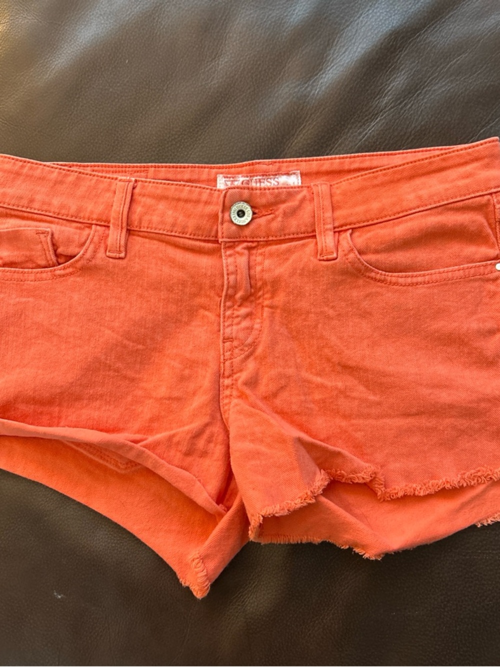 Guess Coral Peach Frayed-Hem Denim Shorts